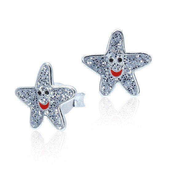 Joy|S - Zilveren glitter ster oorbellen - zeester met een gezichtje