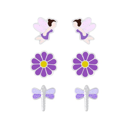 Joy|S - Zilveren oorbellen set - 3 paar | Bloem | Elfje | Libelle - lila paars