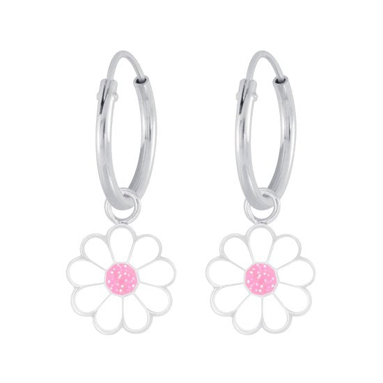 Joy|S - Zilveren bloem bedel oorbellen Madelief wit glitter roze