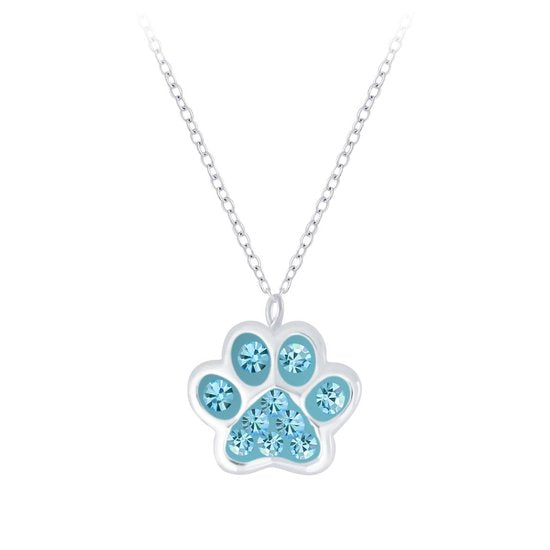 Joy|S - Zilveren kat hond dierenpoot hanger met ketting 36 cm + 5 cm aqua blauw