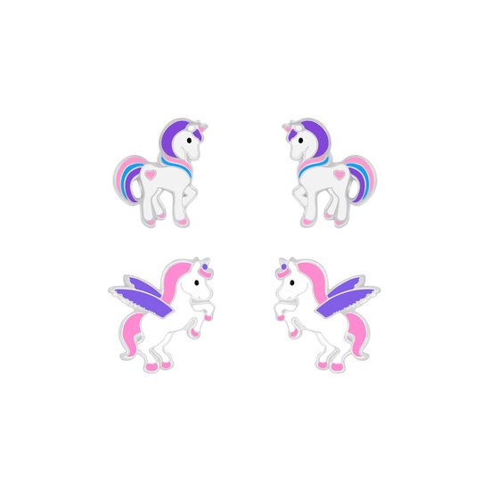 Joy|S - Zilveren oorbellen set 2 paar | Eenhoorn/ Unicorn | Pony/ Paard