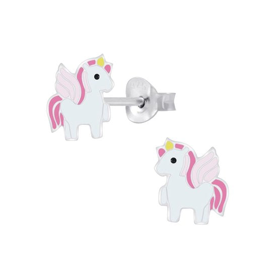 Joy|S - Zilveren unicorn paardje oorbellen roze eenhoorn met vleugeltjes