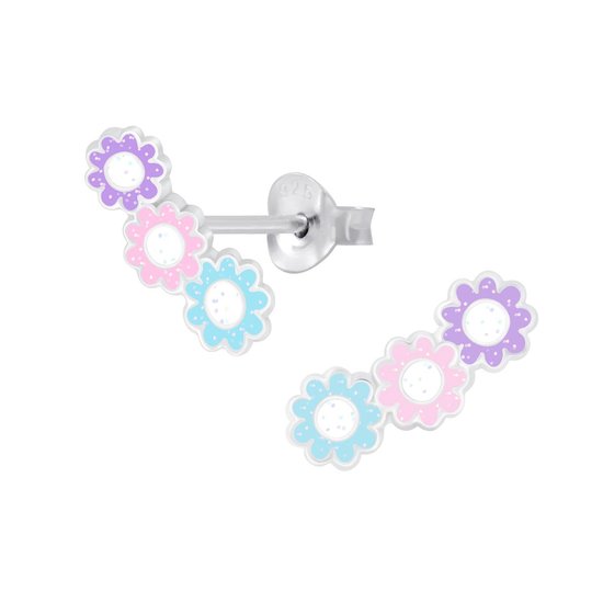 Joy|S - Zilveren madeliefje bloemen oorbellen - 12 x 5.5 mm - 3 madeliefjes pastel