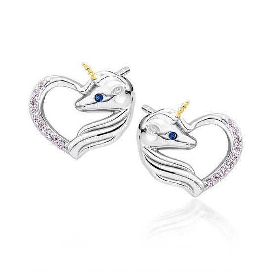 Joy|S - Zilveren eenhoorn oorbellen hart 11 x 12 mm unicorn zirkonia roze - gehodineerd