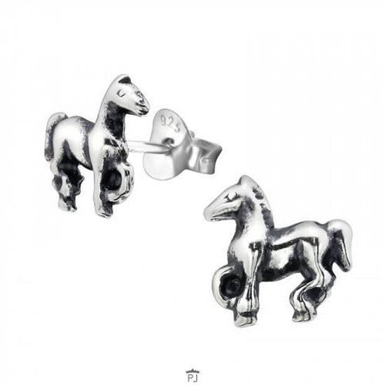 Joy|S - Zilveren paard oorbellen - 9 mm - geoxideerd