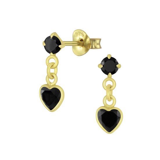 Joy|S - Zilveren petit hartje bedel oorbellen - zwart zirkonia - 4 x 13 mm - goudplating