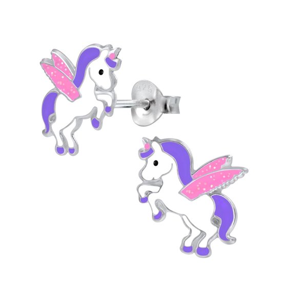 Joy|S - Zilveren unicorn oorbellen met roze glitter vleugeltjes 10 x 13 mm eenhoorn