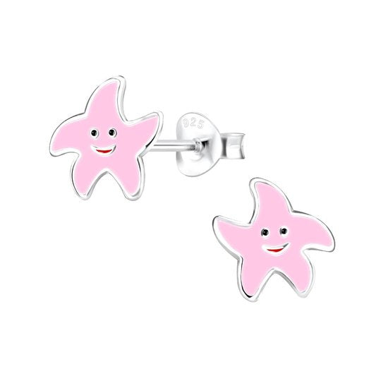 Joy|S - Zilveren ster oorbellen - 10 mm - roze - zeester