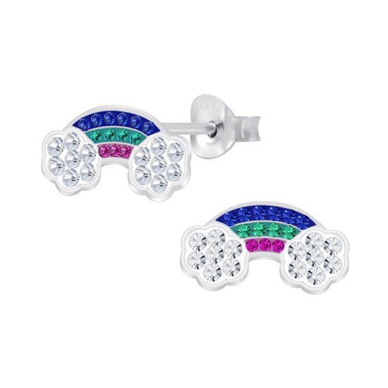 Joy|S - Zilveren regenboog oorbellen blauw groen roze 13 x 7 mm
