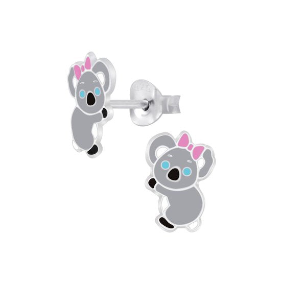 Joy|S - Zilveren koala oorbellen - 7 x 10 mm - roze strik