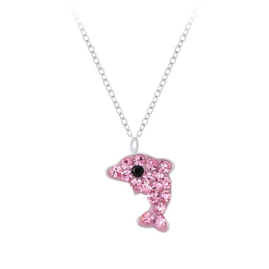 Joy|S - Zilveren roze dolfijn hanger met ketting 36 cm + 5 cm kristal