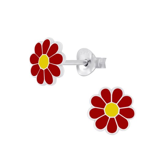 Joy|S - Zilveren madeliefje bloem oorbellen - 7 mm - rood met geel