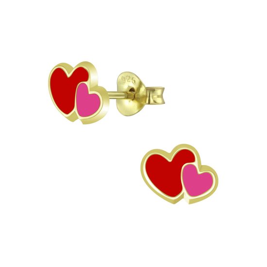 Joy|S - Zilveren hartjes oorbellen - 9 x 6 mm - rood roze - dubbel hartje - goudplating
