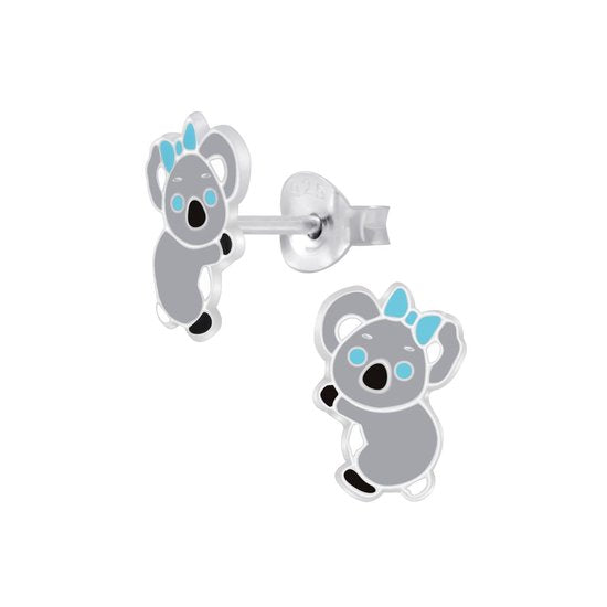 Joy|S - Zilveren koala oorbellen - 7 x 10 mm - blauwe strik