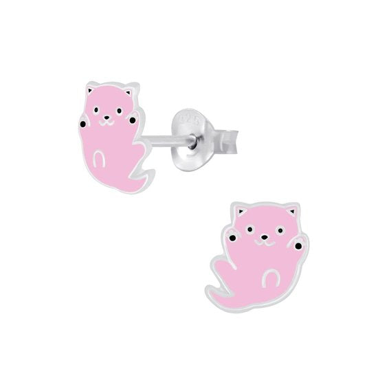 Joy|S - Zilveren kat poes oorbellen - 8 mm - roze - kitten