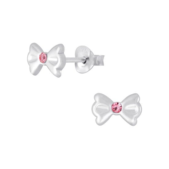 Joy|S - Zilveren strikje oorbellen - 7 x 4 mm - kristal roze