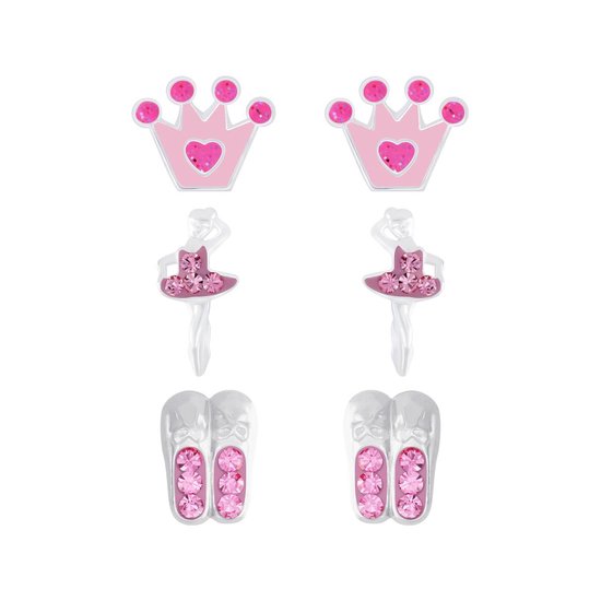 Joy|S - Zilveren oorbellen set 3 paar | Kroontje | Ballerina | Balletschoentjes