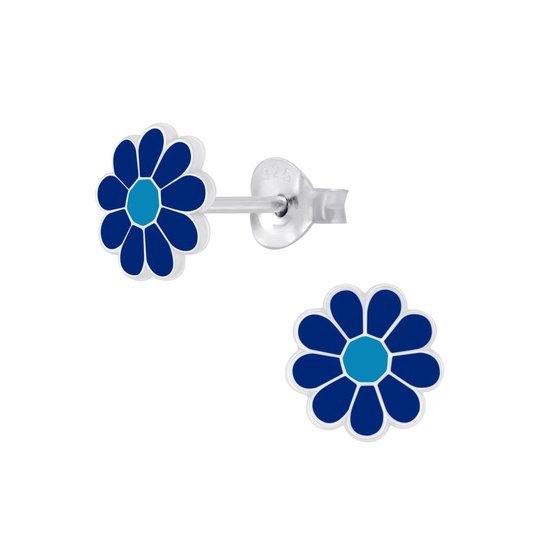 Joy|S - Zilveren madeliefje bloem oorbellen - 7 mm - donkerblauw met blauw