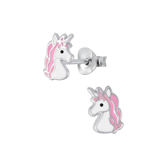 Joy|S - Zilveren eenhoorn oorbellen 6 x 8 mm roze unicorn