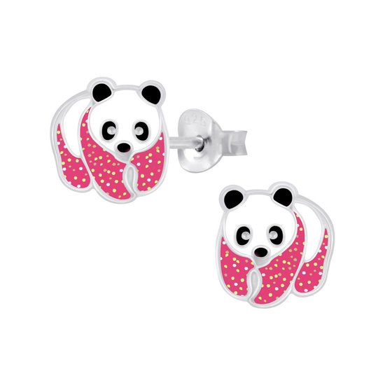 Joy|S - Zilveren Panda oorbellen - roze met glitter