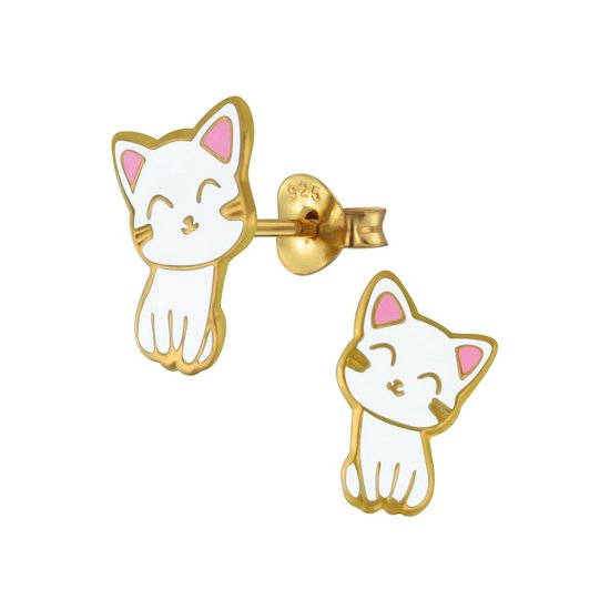 Joy|S - Zilveren kat poes oorbellen 8 x 12 mm wit - goudplating