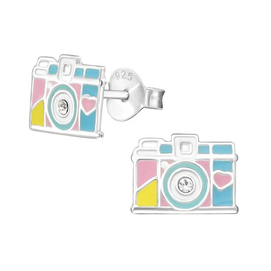 Joy|S - Zilveren camera oorbellen 9 x 7 mm kristal pastel fotocamera