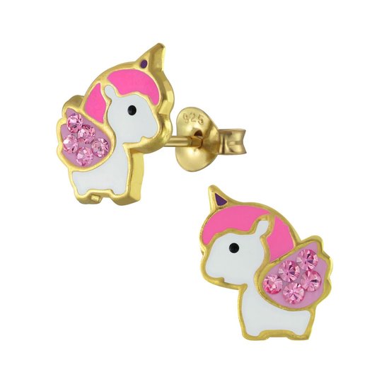 Joy|S - Zilveren baby eenhoorn oorbellen 8 x 10 mm unicorn kristal roze - goudplating