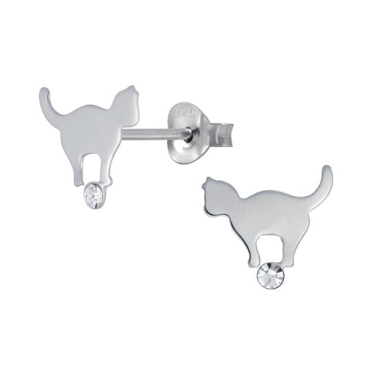 Joy|S - Zilveren kat poes oorbellen - 9 mm - kristal