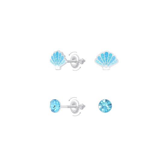 Joy|S - Zilveren oorbellen set screw back blauw schelpjes en oorknopjes