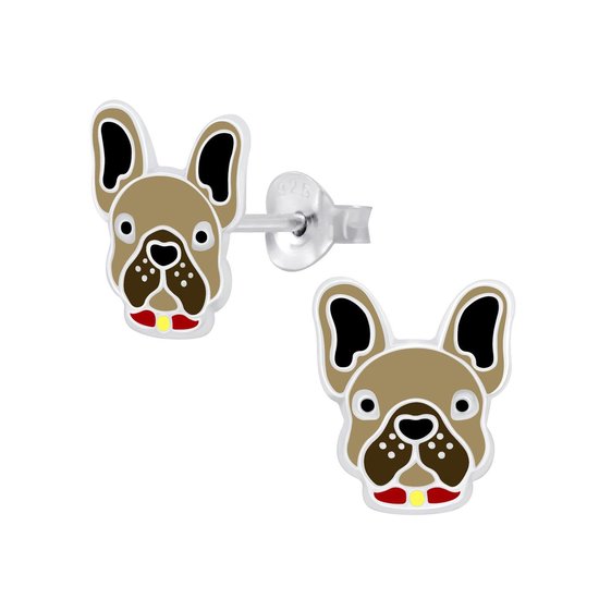 Joy|S - Zilveren hond oorbellen - 9 x 10 mm - bruin met zwart