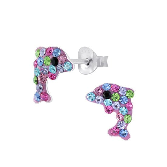 Joy|S - Zilveren dolfijn oorbellen kristal multicolor