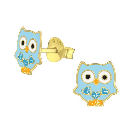 Joy|S - Zilveren uil oorbellen - 9 x 8 mm - blauw - goudplating