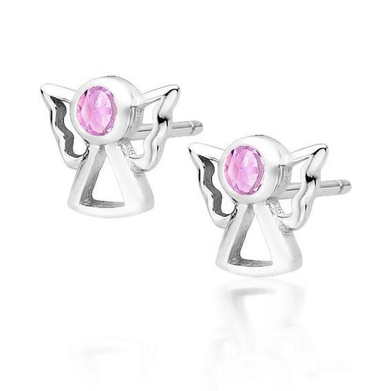 Joy|S - Zilveren engel oorbellen 7 x 8 mm roze zirkonia - gehodineerd