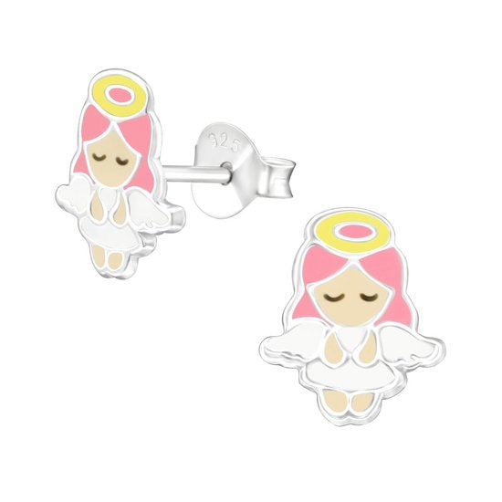 Joy|S - Zilveren engel oorbellen 8 x 10 mm engeltje wit roze
