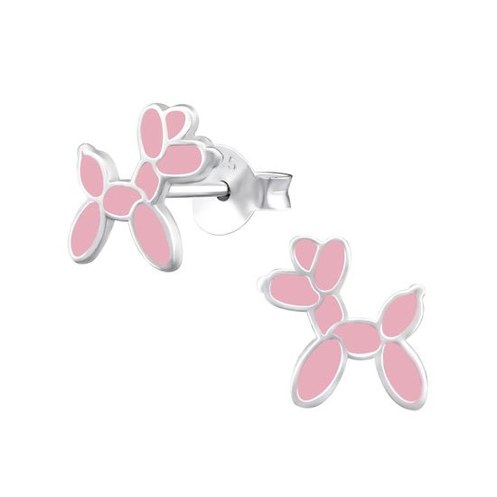 Joy|S - Zilveren ballonhond oorbellen 8 x 9 mm roze hond
