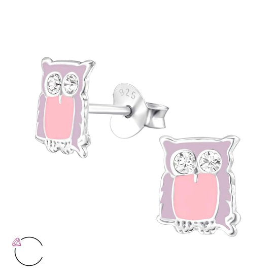 Joy|S - Zilveren uil oorbellen - kristal - 7 x 8 mm - roze paars / lila