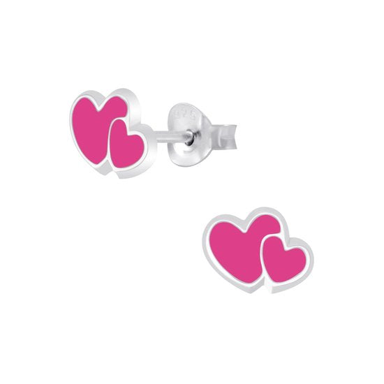 Joy|S - Zilveren roze hartjes oorbellen - 9 x 6 mm - dubbel hartje