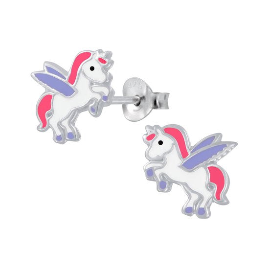 Joy|S - Zilveren eenhoorn met vleugeltjes oorbellen unicorn