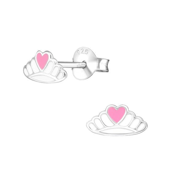 Joy|S - Zilveren kroontje oorbellen met roze hartje - 9 x 5 mm