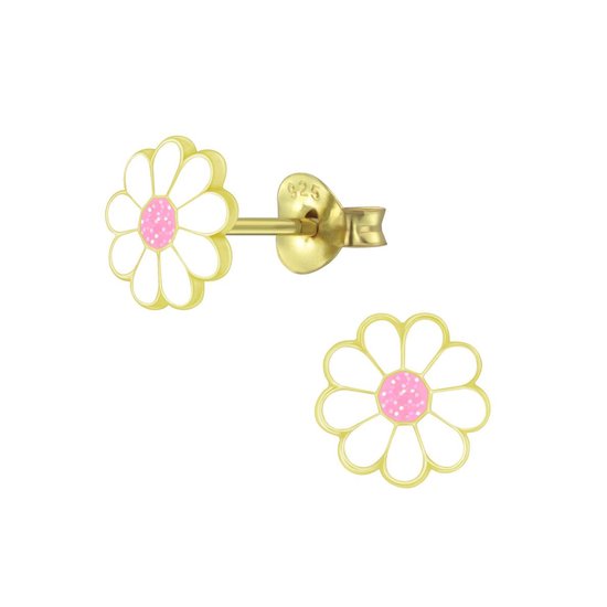 Joy|S - Zilveren madeliefje bloem oorbellen - 7 mm - wit roze met glitter - goudplating