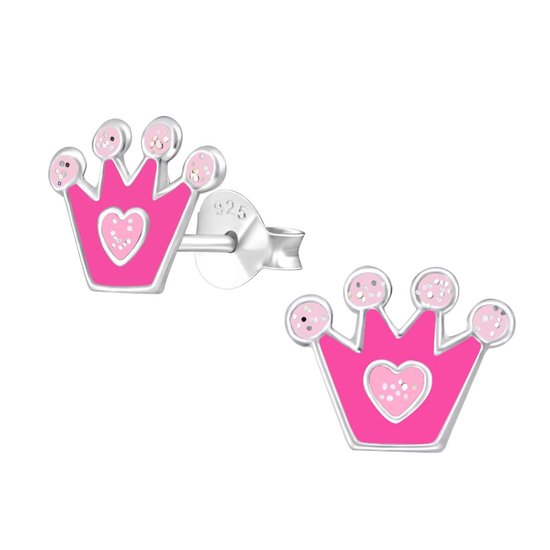 Joy|S - Zilveren kroontje oorbellen - 9 x 8 mm - roze met glitter