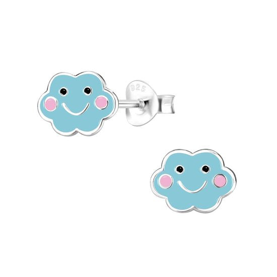 Joy|S - Zilveren wolk oorbellen - blauw met roze wangetjes