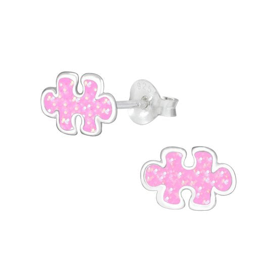 Joy|S - Zilveren puzzel oorbellen roze met glitter - puzzelstukje