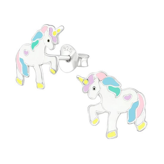Joy|S - Zilveren eenhoorn oorbellen pastel unicorn