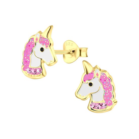 Joy|S - Zilveren eenhoorn oorbellen 8 x 11 mm unicorn - goudplating