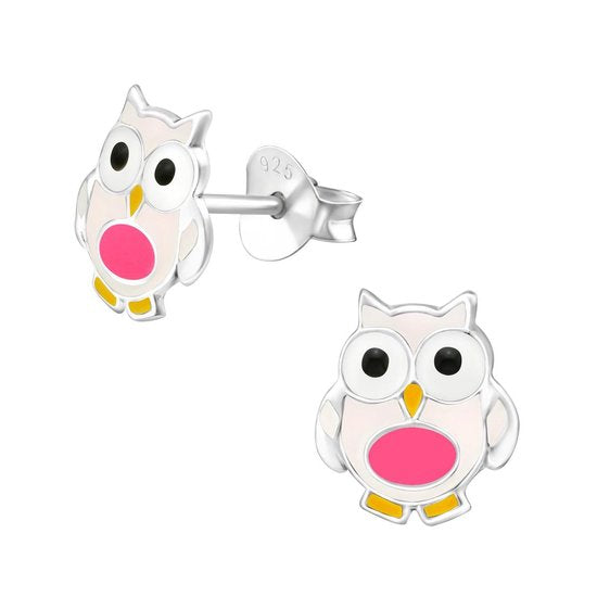 Joy|S - Zilveren uil oorbellen - roze - 8 x 7 mm