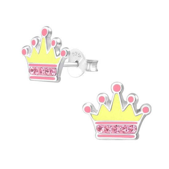 Joy|S - Zilveren kroontje oorbellen - 10 x 8 mm - geel roze met roze kristal