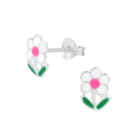 Joy|S - Zilveren bloem oorbellen - roze wit