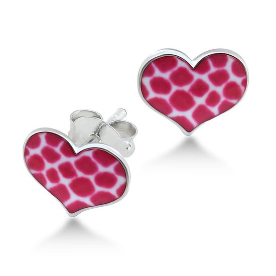 Joy|S - Zilveren hartje oorbellen - zebraprint roze/ licht roze - 10 x 7.5 mm