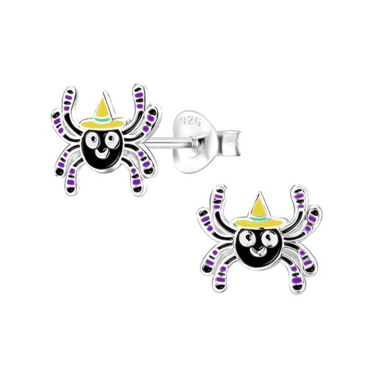 Joy|S - Zilveren spin oorbellen - zwart - halloween